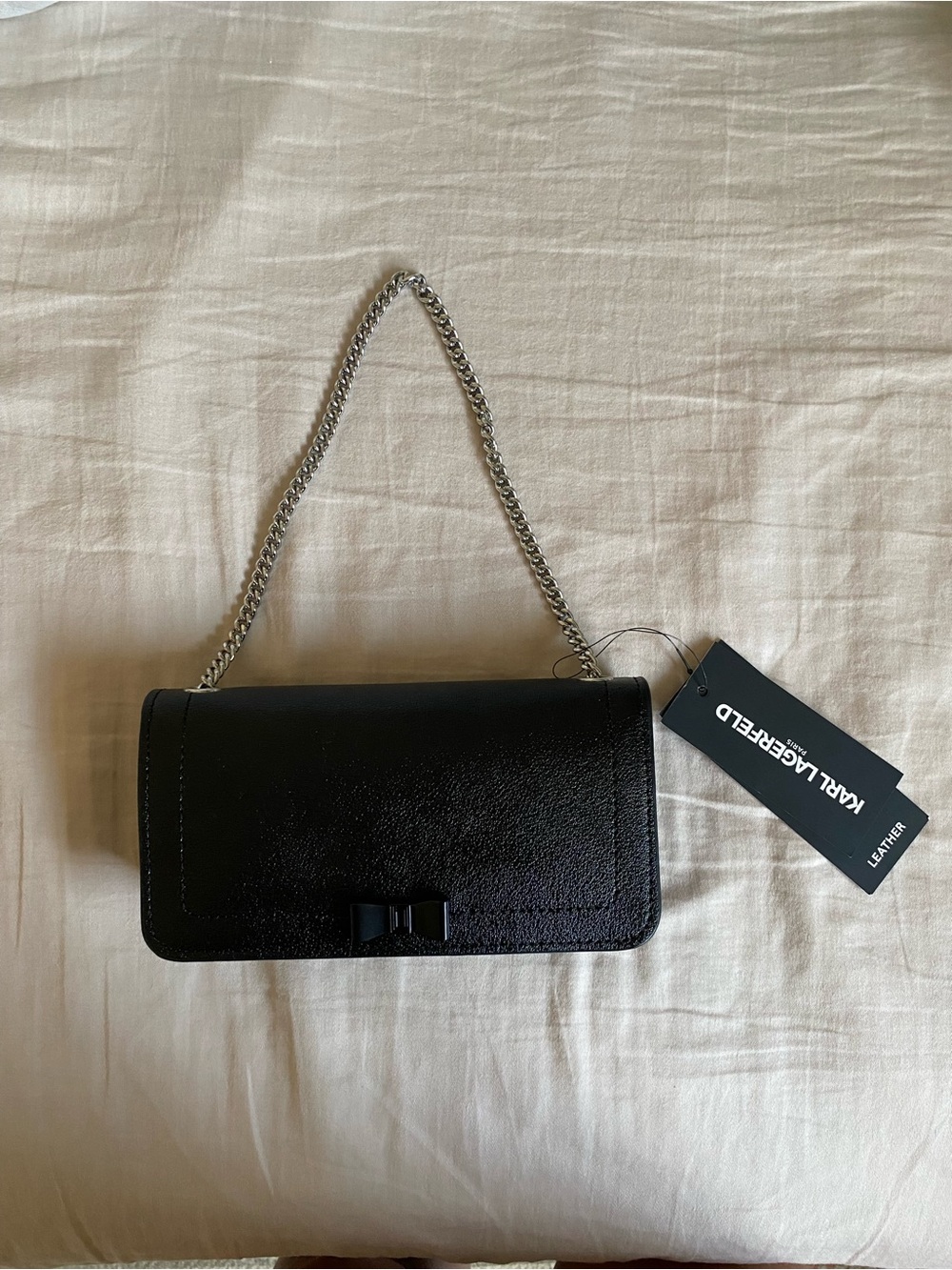 Karl Lagerfeld Black Adjustable Leather Chain-Handle bag with Bow
